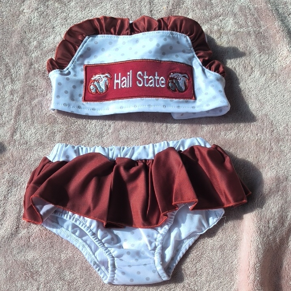 Kids Ruffled Swim Set - White and Red